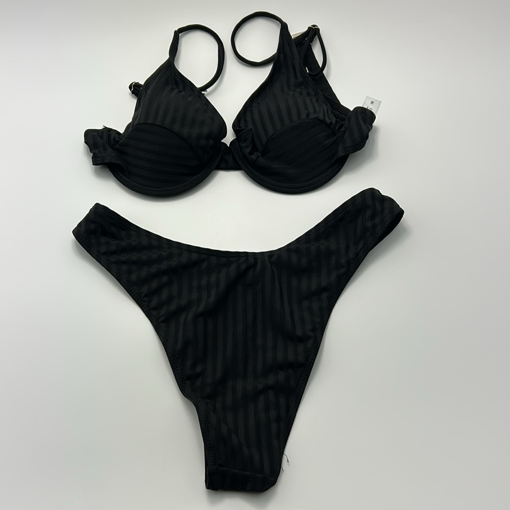 Women's Ribbed Bikini Set Medium Black Adjustable Strap High Rise Vacation Beach
